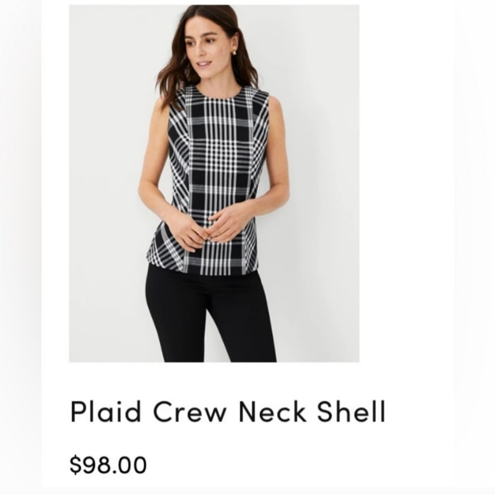 NEVER WORN Ann Taylor Plaid Crew Neck Shell Size 16 Black Soft White Sleeveless